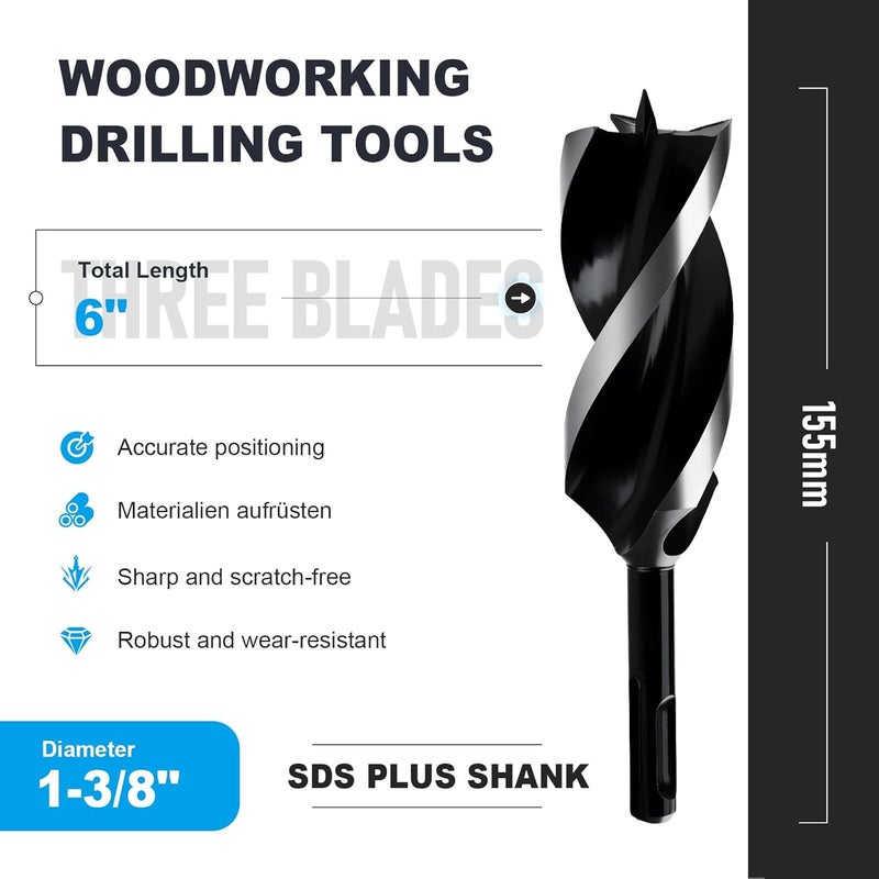WOBLLMX 1-3/8" x 6" Auger Drill Bit with SDS Plus Shank for Wood,Tri Flute Ship Auger Long Drill Bit for Soft and Hard Wood,Tree Stump,Plastic,Drywall and Composite Materials - Image 2